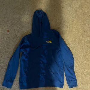 blue,orange, yellow, and black north face sweatshirt size kids XL